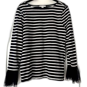 BeachLunchLounge Navy White Striped Mesh Ruffle Cuff Top Petite Small SP